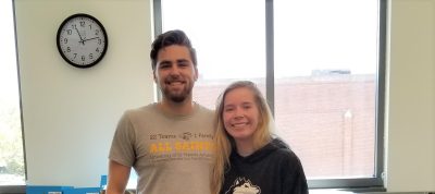 Senior biology majors and student-athletes Brittany Cook and Leon Laskowski are researching how higher levels of fatigue may affect the angle that the knee flexes when performing cutting motions as part of the SURE program.