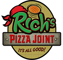 Rich's Pizza Joint logo with name and flying pizza