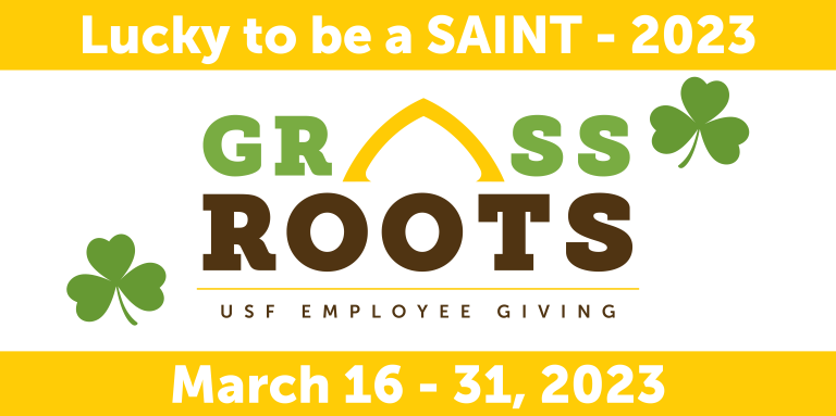 the word grassroots with shamrock images on each side